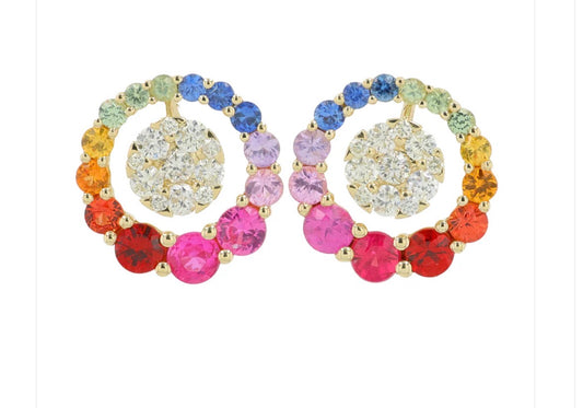 Rainbow Sapphire & Diamond Circle Stud Earrings – 14K Gold